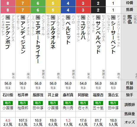 木曜門別12R 北斗盃 予想
